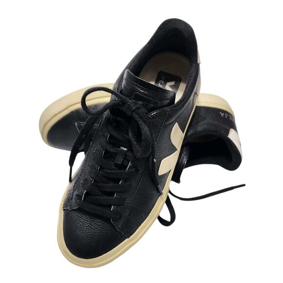 Veja Women's Size 7 Campo Chrome Leather Sneaker Black White Lace-up Shoes - Picture 5 of 9